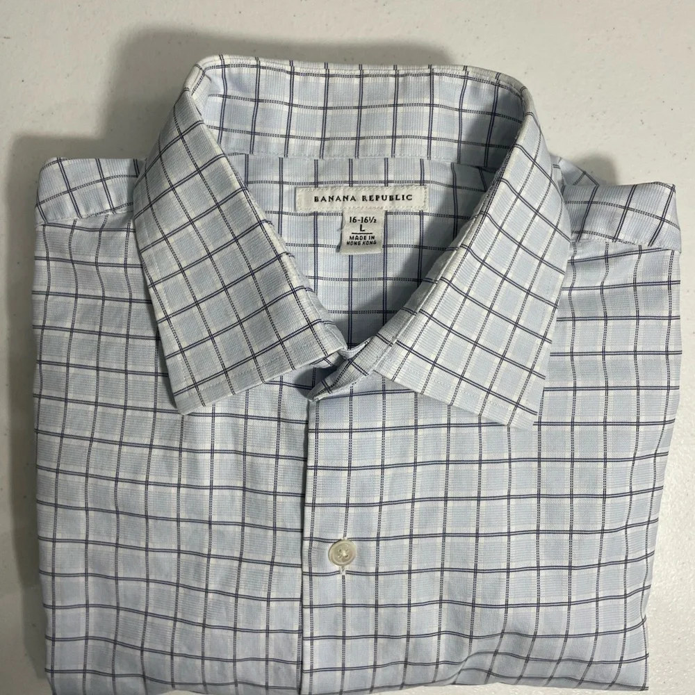 Banana Republic Men's Light Blue Plaid Shirt Size 16-16.5 L CB-